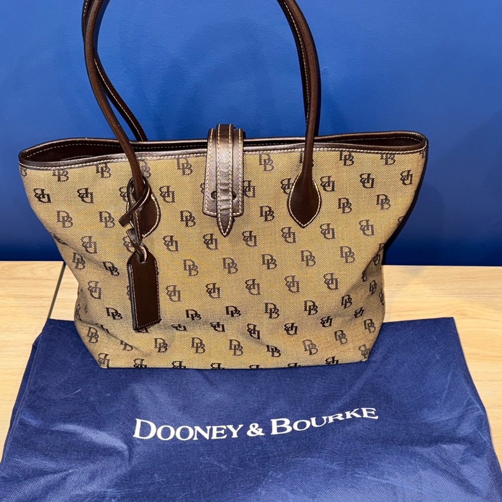 SOLD - Dooney & Bourke Monogram Canvas Tote Brown Leather Trim Pink Lining